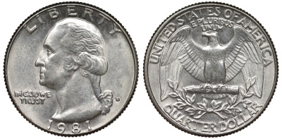 США 25 центов (квотер) 1981 D, Джордж Вашингтон KM 164a медь плакированная медно-никелем 4681-752