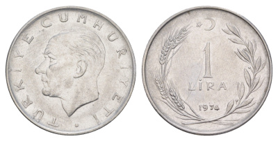 Турция 1 лира 1974 Кемаль Ататюрк KM 889a.2 нержавеющая сталь 4648-751