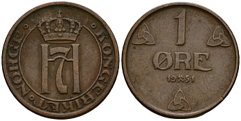 Норвегия 1 эре 1951 Хокон VII (1905-1957) KM 367 бронза 4189-746