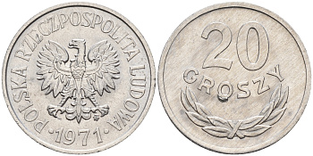 Польша 20 грошей 1971 MW KM А47 алюминий UNC 4132-354