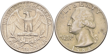 США 25 центов (квотер) 1966 Вашингтон KM 164a медь плакированная медно-никелем 08-1134