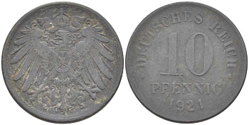 ГЕРМАНИЯ 10 ПФЕННИГОВ 1921 (1917-1922) KM 26, J. 299, Weege 8 цинк 210-243