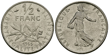 Франция 1/2 франка 1965 сеятель KM 931, Le Franc 198.3 никель 4135-646