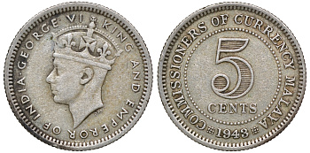 Британская Малайя 5 центов 1943 Георг VI (1937-1952) KM 3a серебро 53-116
