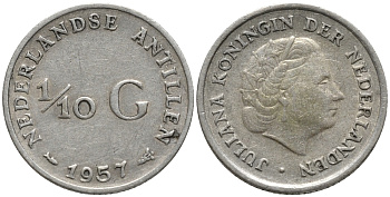 Нидерландские Антилы 1/10 гульдена 1957 Юлиана (1948-1980) KM 3 серебро 4387-959
