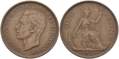 Великобритания 1 пенни 1937 Георг VI (1936-1952) KM 845, Spink 4114 бронза 4574-115