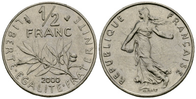 Франция 1/2 франка 2000 сеятель KM 931 никель 4135-744