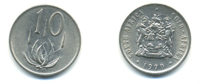 ЮАР 10 ЦЕНТОВ 1970 ГЕРБ, ЦВЕТОК АЛОЭ KM 85 никель UNC 86-1241