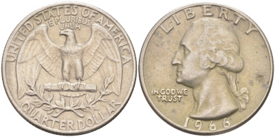 США 25 центов (квотер) 1966 Вашингтон KM 164a медь плакированная медно-никелем 08-1134