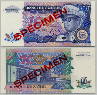 Заир 100 заиров 1988 Мобуту Сесе Секо в военной форме, Центральный банк в Киншасе. Образец, Specimen Pick 33s бумага UNC (пресс) 6279-21-2-1