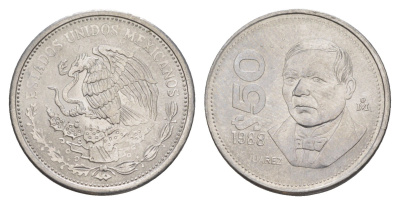Мексика 50 песо 1988 Mo, новый тип, гурт гладкий KM 495a нержавеющая сталь aUNC 4637-751