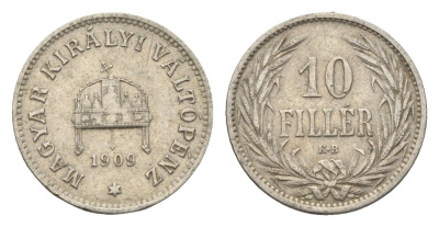 Венгрия 10 филлеров 1909 KB, Франц Иосиф I (1848-1916) KM 482 никель 4665-724