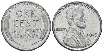 США 1 цент 1943 Авраам Линкольн KM 132 a сталь покрытая цинком aUNC 4580-1169