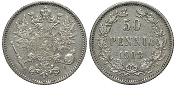 Россия для Финляндии 50 пенни 1908 L, Николай II (1894-1917) КМ 2.2, Биткин 403 серебро 75-828