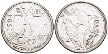 БРАЗИЛИЯ 5 КРУЗЕЙРО РЕАЛ 1994 РЕФОРМА 1993-1994, ПОПУГАИ АРА KM 627 нержавеющая сталь 4388-255