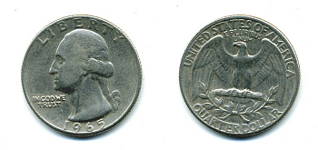 США 25 центов (квотер) 1965 Вашингтон KM 164а медь плакированная медно-никелем 46-1451