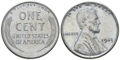 США 1 цент 1943 Авраам Линкольн KM 132 a сталь покрытая цинком aUNC 4580-1169