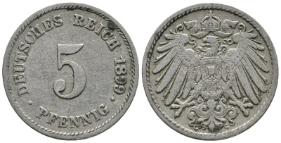 ГЕРМАНИЯ 5 ПФЕННИГОВ 1899 G KM 11, J. 12 медно-никель 39-738