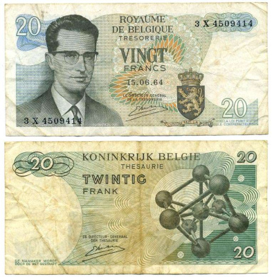 Бельгия 20 франков 1964 Бодуэн I, атомиум, Kestens Pick 138 (3) бумага 3295-49-3-1