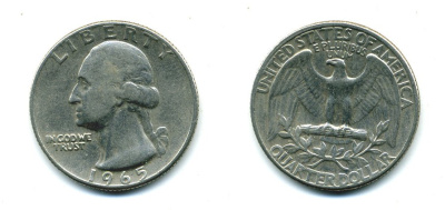 США 25 центов (квотер) 1965 Вашингтон KM 164а медь плакированная медно-никелем 46-1451