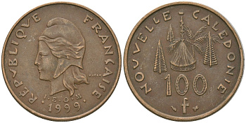 Французская Новая Каледония 100 франков 1999 хижина среди сосен и пальм, (IEOM) KM 15, Schoen 16, Lec 139c никель латунь 4140-1215
