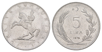 Турция 5 лир 1976 Кемаль Ататюрк KM 905 нержавеющая сталь 4645-524