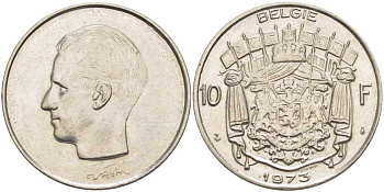 БЕЛЬГИЯ 10 ФРАНКОВ 1973 BELGIE, БОДУЭН I (1951-1993) KM 156.1 никель 4110-1231