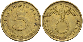 Германия 5 рейхспфеннигов 1938 A KM 91, J. 363 алюминиевая бронза 4151-824