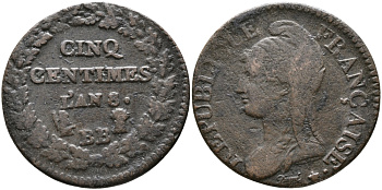 ФРАНЦИЯ 5 САНТИМОВ L'AN 8 ВВ KM 640.4 (С135.4) бронза 28-931
