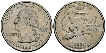США 25 центов = квотер 2002 D, серия штаты США, Луизиана KM 333 медь плакированный медно-никелем 4138-1014