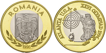Румыния 100 леев 1996 XXVI Олимпийские игры 1996 года в Атланте, 100 лет Олимпийскому движению, стрельба, пробный выпуск  биметалл  PROOF  11-236-45