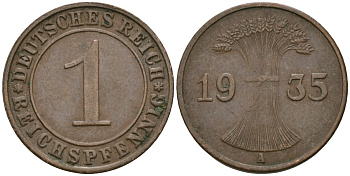 Германия 1 рейхспфенниг 1935 A KM 37, J. 313 бронза 4528-426