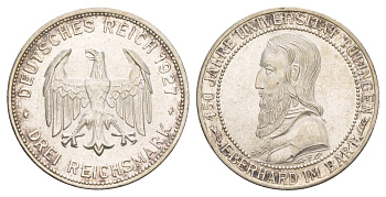 Германия 3 рейхсмарки 1927 450 лет Тюбингенскому университету KM 54 серебро UNC 00-902-11