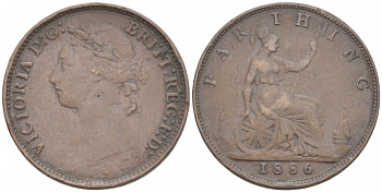 Великобритания 1 фартинг 1886 Виктория (1837-1901) KM 753, Spink 3958 бронза 187-135