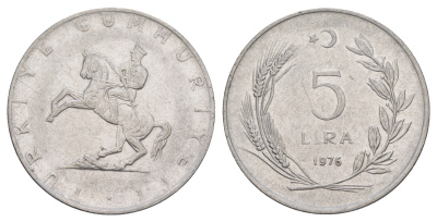 Турция 5 лир 1976 Кемаль Ататюрк KM 905 нержавеющая сталь 4645-524