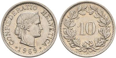 Швейцария 10 раппенов 1969 В KM 27 медно-никель    4152-1141