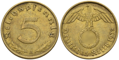 Германия 5 рейхспфеннигов 1938 A KM 91, J. 363 алюминиевая бронза 4151-824