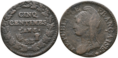 ФРАНЦИЯ 5 САНТИМОВ L'AN 8 ВВ KM 640.4 (С135.4) бронза 28-931