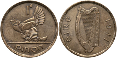 Ирландия 1 пенни 1941 курица с цыплятами KM 11 бронза 4127-513