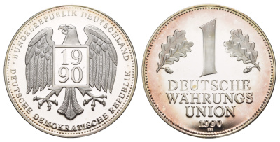 Германия медаль.ю Немецкий валютный союз, 1 марка 1990 диаметр 39 мм, вес 20 гр серебро PROOF 11-322-35