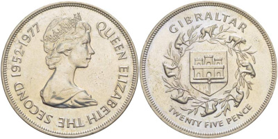 Гибралтар 25 пенсов 1977 25 лет правления Елизаветы II (1952-1977) KM 10 медно-никель 4527-413