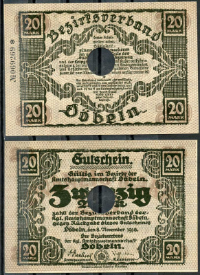 Германия, Дёбельн 20 марок 1918 нотгельд, 8.11.1918, цифры черные, малые Geiger 105.02  бумага  UNC (пресс) 444-128-1-1