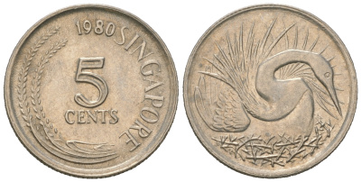 Сингапур 5 центов 1980 большая белая цапля KM 2 медно-никель 4623-414