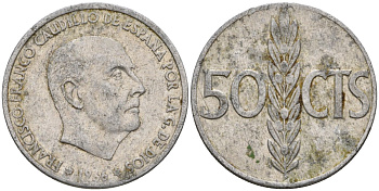 Испания 50 сентимо 1966 (70) Франсиско Франко (1939-1975) KM 795 алюминий 4388-115