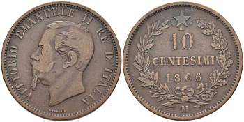 ИТАЛИЯ 10 ЧЕНТЕЗИМО 1866 М, ВИКТОР ЭМАНУИЛ II (1861-1878) KM 11.1 медь 82-312