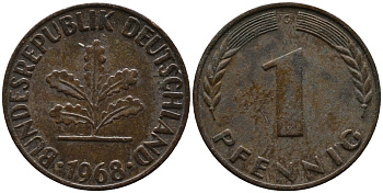 ФРГ 1 пфенниг 1968 G KM 105, J.380 сталь плакированная медью 99-265