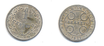 Колумбия 1 сентаво 1921 государственный лепрозорий KM L9 медно-никель 53-122