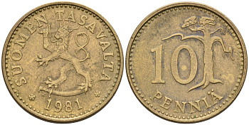 ФИНЛЯНДИЯ 10 ПЕННИ 1981 K KM 46 алюминиевая бронза 192-1046