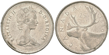 Канада 25 центов 1980 олень карибу, Елизавета II (1952-2022) KM 74 никель 4616-1014