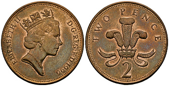 Великобритания 2 пенса 1996 Елизавета II (1952-2022) KM 936a, Spink 4376 (C4) сталь плакированная медью 3333-1114